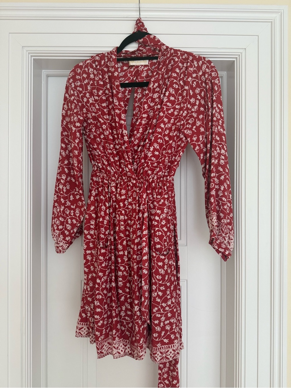 Natalie Martin Red Floral Long-Sleeve Wrap Dress with belt, 100% silk.